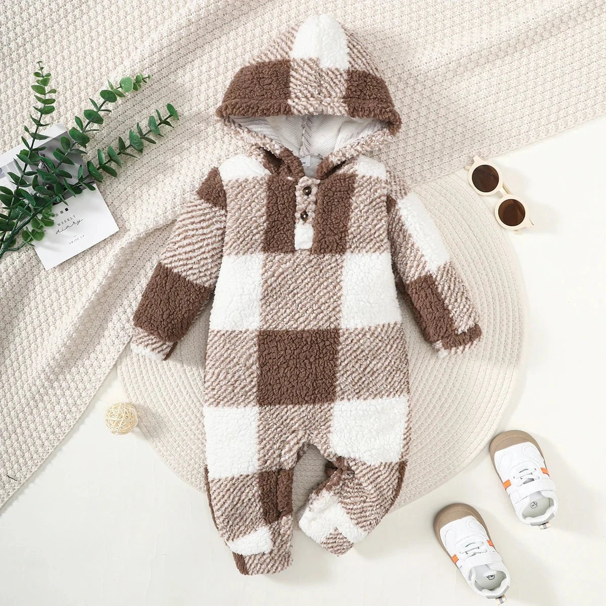 Giggles And Grab 462309171 / 18-24M Baby Boys and Girls Plaid Romper Hooded Long Sleeved Plush Jumpsuit Winter Warm Bodysuit Clothes for 3-24 Months Toddler Boy