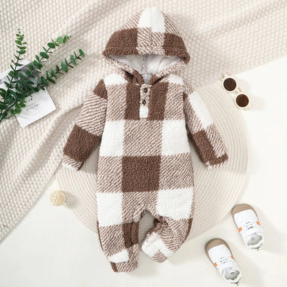 Giggles And Grab 462309171 / 18-24M Baby Boys and Girls Plaid Romper Hooded Long Sleeved Plush Jumpsuit Winter Warm Bodysuit Clothes for 3-24 Months Toddler Boy
