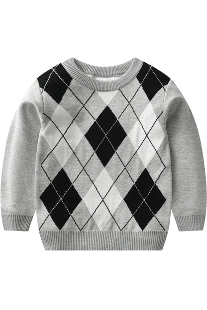 Giggles And Grab "Autumn/Winter Boy's Warm Plaid Knit Sweater - Long Sleeve College Style" GRAY / 6T "Autumn/Winter Boy's Warm Plaid Knit Sweater - Long Sleeve College Style"