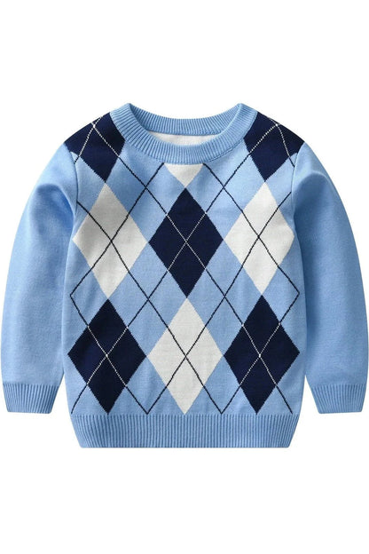 Giggles And Grab "Autumn/Winter Boy's Warm Plaid Knit Sweater - Long Sleeve College Style" SKY BLUE / 6T "Autumn/Winter Boy's Warm Plaid Knit Sweater - Long Sleeve College Style"