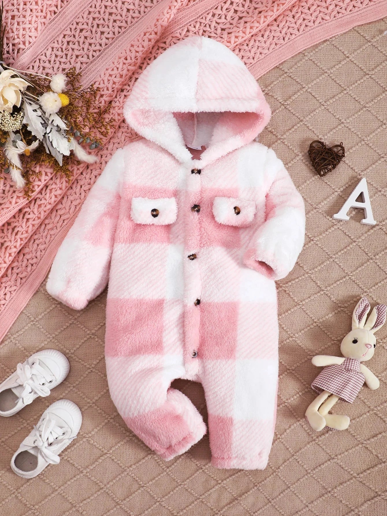 Giggles And Grab Baby Boys and Girls Plaid Romper Hooded Long Sleeved Plush Jumpsuit Winter Warm Bodysuit Clothes for 3-24 Months Toddler Boy