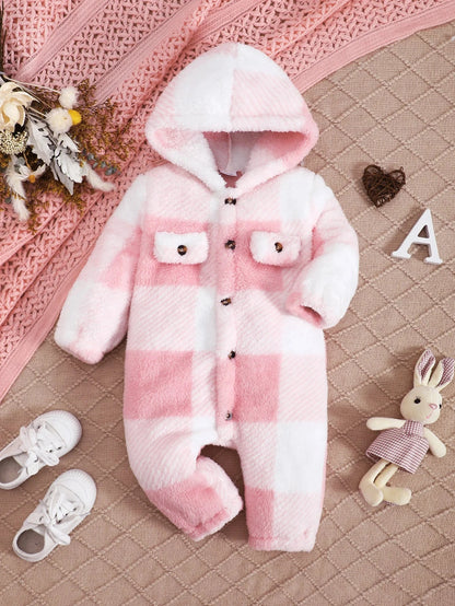 Giggles And Grab Baby Boys and Girls Plaid Romper Hooded Long Sleeved Plush Jumpsuit Winter Warm Bodysuit Clothes for 3-24 Months Toddler Boy