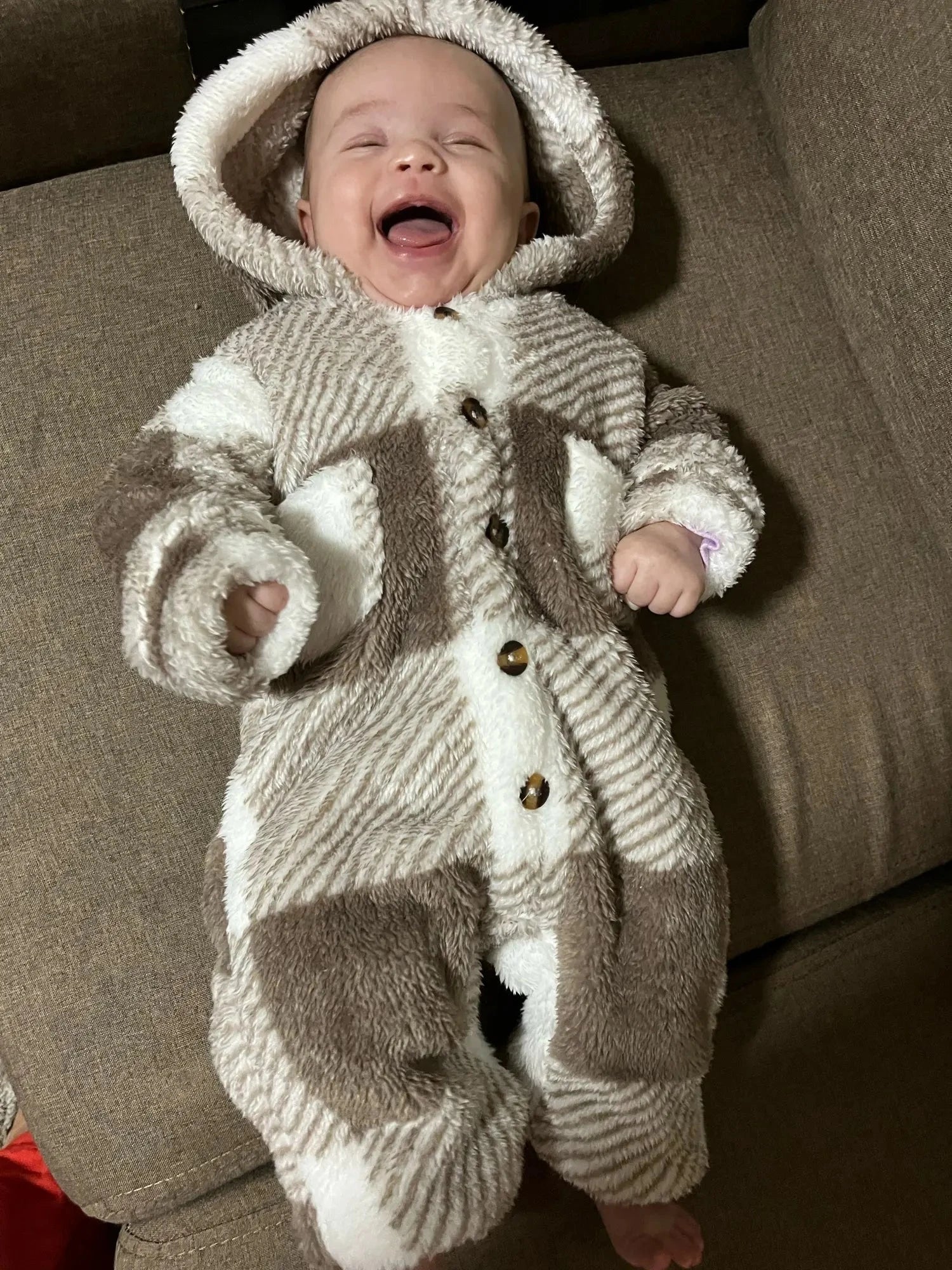 Giggles And Grab Baby Boys and Girls Plaid Romper Hooded Long Sleeved Plush Jumpsuit Winter Warm Bodysuit Clothes for 3-24 Months Toddler Boy