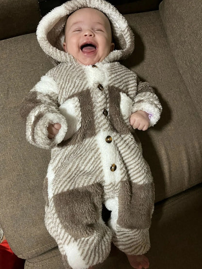 Giggles And Grab Baby Boys and Girls Plaid Romper Hooded Long Sleeved Plush Jumpsuit Winter Warm Bodysuit Clothes for 3-24 Months Toddler Boy
