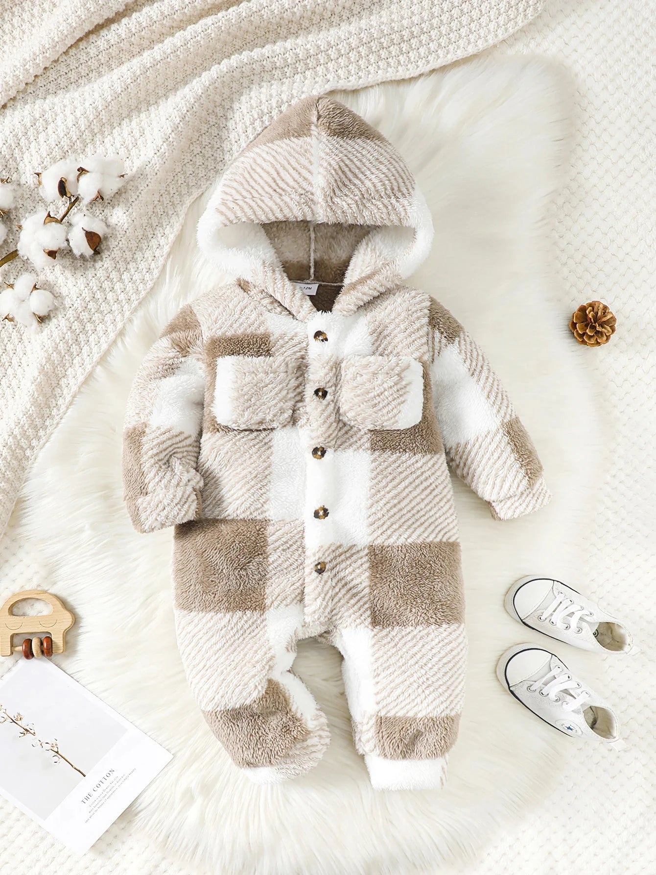 Giggles And Grab Baby Boys and Girls Plaid Romper Hooded Long Sleeved Plush Jumpsuit Winter Warm Bodysuit Clothes for 3-24 Months Toddler Boy