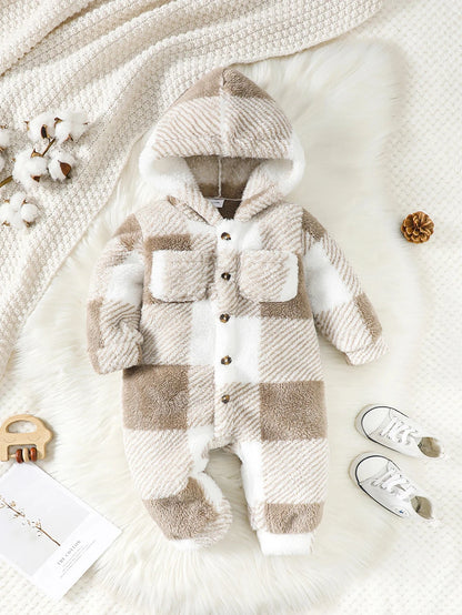 Giggles And Grab Baby Boys and Girls Plaid Romper Hooded Long Sleeved Plush Jumpsuit Winter Warm Bodysuit Clothes for 3-24 Months Toddler Boy