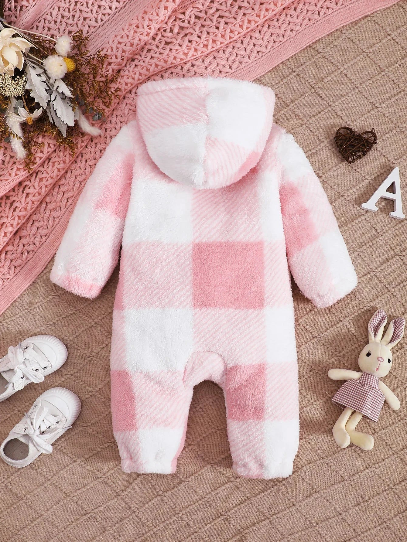 Giggles And Grab Baby Boys and Girls Plaid Romper Hooded Long Sleeved Plush Jumpsuit Winter Warm Bodysuit Clothes for 3-24 Months Toddler Boy
