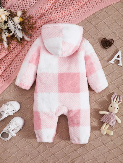 Giggles And Grab Baby Boys and Girls Plaid Romper Hooded Long Sleeved Plush Jumpsuit Winter Warm Bodysuit Clothes for 3-24 Months Toddler Boy