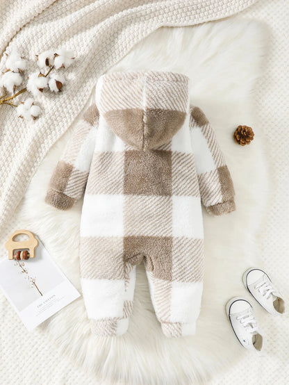 Giggles And Grab Baby Boys and Girls Plaid Romper Hooded Long Sleeved Plush Jumpsuit Winter Warm Bodysuit Clothes for 3-24 Months Toddler Boy