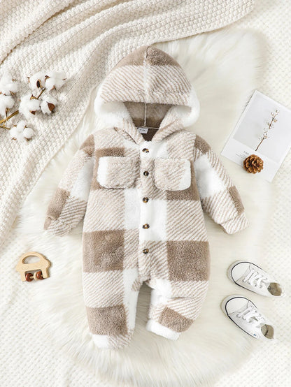 Giggles And Grab Baby Boys and Girls Plaid Romper Hooded Long Sleeved Plush Jumpsuit Winter Warm Bodysuit Clothes for 3-24 Months Toddler Boy