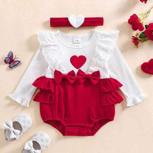 Baby Girl Valentine's Day Heart Embroidery Romper & Ruffle Outfit - Giggles And Grab