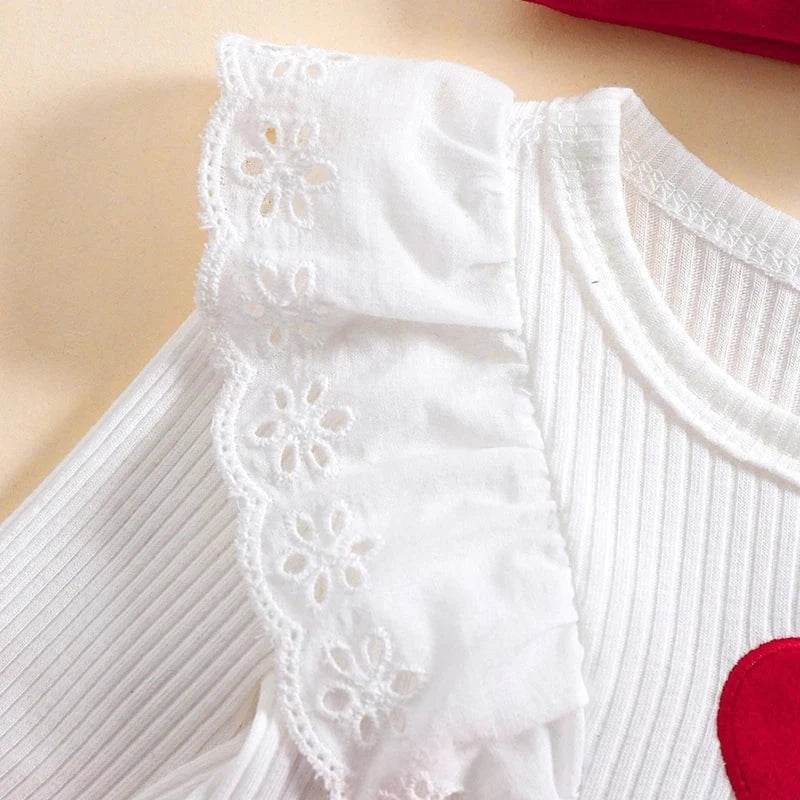 Baby Girl Valentine's Day Heart Embroidery Romper & Ruffle Outfit - Giggles And Grab