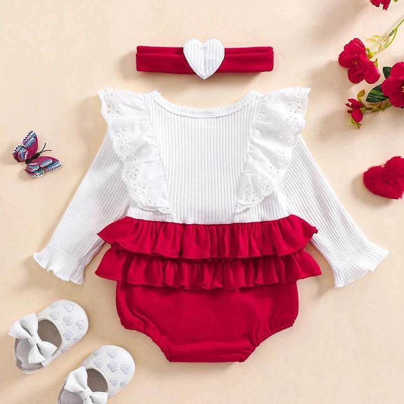 Baby Girl Valentine's Day Heart Embroidery Romper & Ruffle Outfit - Giggles And Grab
