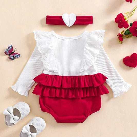 Baby Girl Valentine's Day Heart Embroidery Romper & Ruffle Outfit - Giggles And Grab