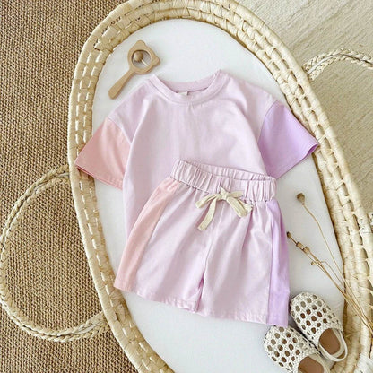 Summer Children's Clothes – Baby Boy T-Shirt + Pant 2PCS Set, Kids Solid Short Sleeve Elastic Waist Suit, Toddler Girl Clothes, Baby Outfit - Giggles And Grab