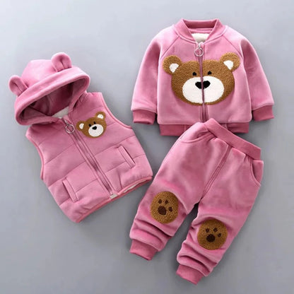 Giggles And Grab Baby thick fleece bear outfit Autumn Winter Baby Boys Clothes Set – Thick Fleece Cartoon Bear Jacket, Vest & Pants 3PCS Cotton Sport Suit for Girls, Warm Outfits"