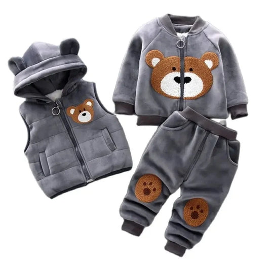 Giggles And Grab Baby thick fleece bear outfit Autumn Winter Baby Boys Clothes Set – Thick Fleece Cartoon Bear Jacket, Vest & Pants 3PCS Cotton Sport Suit for Girls, Warm Outfits"