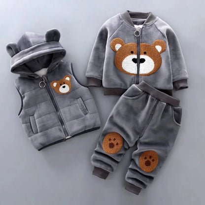 Giggles And Grab Baby thick fleece bear outfit Gray 1 / 6-12M Autumn Winter Baby Boys Clothes Set – Thick Fleece Cartoon Bear Jacket, Vest & Pants 3PCS Cotton Sport Suit for Girls, Warm Outfits"