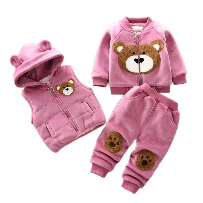 Giggles And Grab Baby thick fleece bear outfit Pink 1 / 18-24M Autumn Winter Baby Boys Clothes Set – Thick Fleece Cartoon Bear Jacket, Vest & Pants 3PCS Cotton Sport Suit for Girls, Warm Outfits"