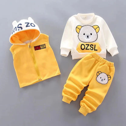Giggles And Grab Baby thick fleece bear outfit Yellow 1 / 6-12M Autumn Winter Baby Boys Clothes Set – Thick Fleece Cartoon Bear Jacket, Vest & Pants 3PCS Cotton Sport Suit for Girls, Warm Outfits"