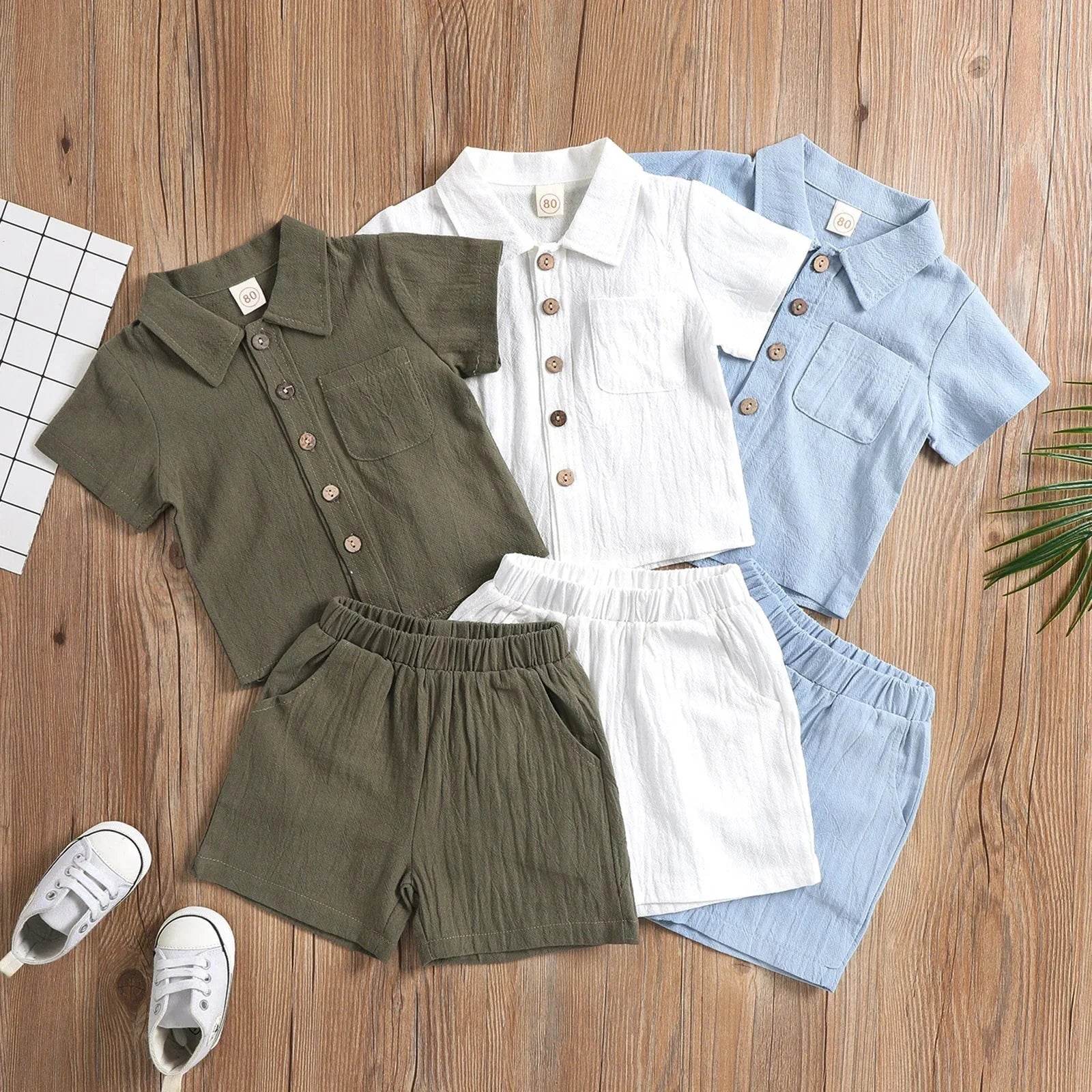 Baby Boy Summer Clothes – Toddler Infant Short Sleeve Solid Cotton Linen T-Shirt Tops & Casual Shorts Set, 2PCS Outfits - Giggles And Grab