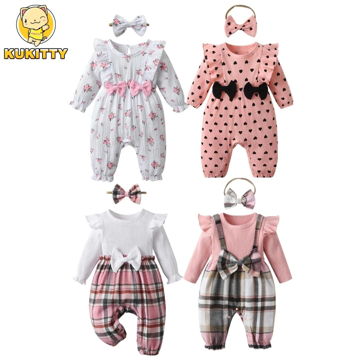 Giggles And Grab Baby & toddler outfits "Spring Autumn Baby Girls Rainbow Print Cotton Romper & Headband Set