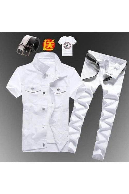 2pcs Set Men’s Boys Casual Denim Vest Sleeveless Waistcoat + Jeans Pants Trousers for Summer Autumn Spring, Free T-shirt & Belt Included - Giggles And Grab
