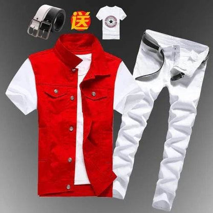 2pcs Set Men’s Boys Casual Denim Vest Sleeveless Waistcoat + Jeans Pants Trousers for Summer Autumn Spring, Free T-shirt & Belt Included - Giggles And Grab