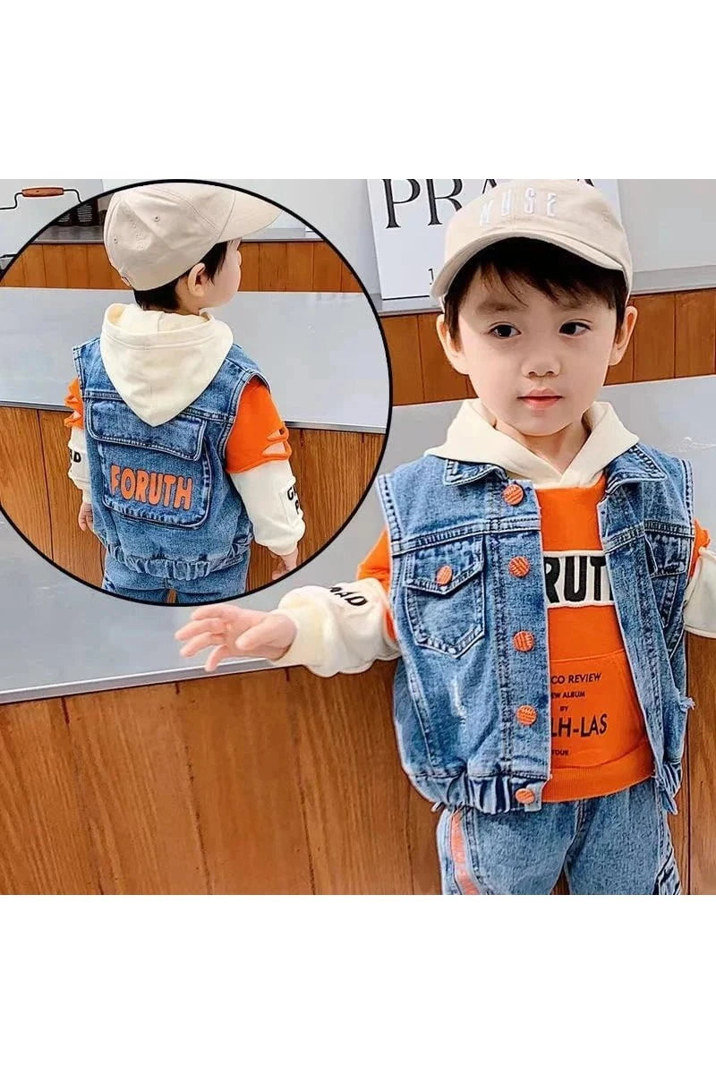Giggles And Grab Casual Spring Baby Outfits Casual Spring/Autumn Baby Boys' Outfit - Denim Vest & Hoodie Suit"