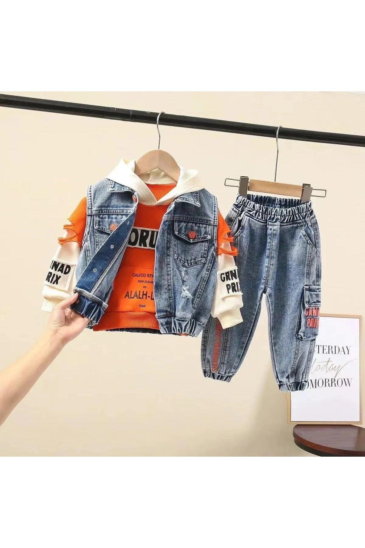 Giggles And Grab Casual Spring Baby Outfits Casual Spring/Autumn Baby Boys' Outfit - Denim Vest & Hoodie Suit"