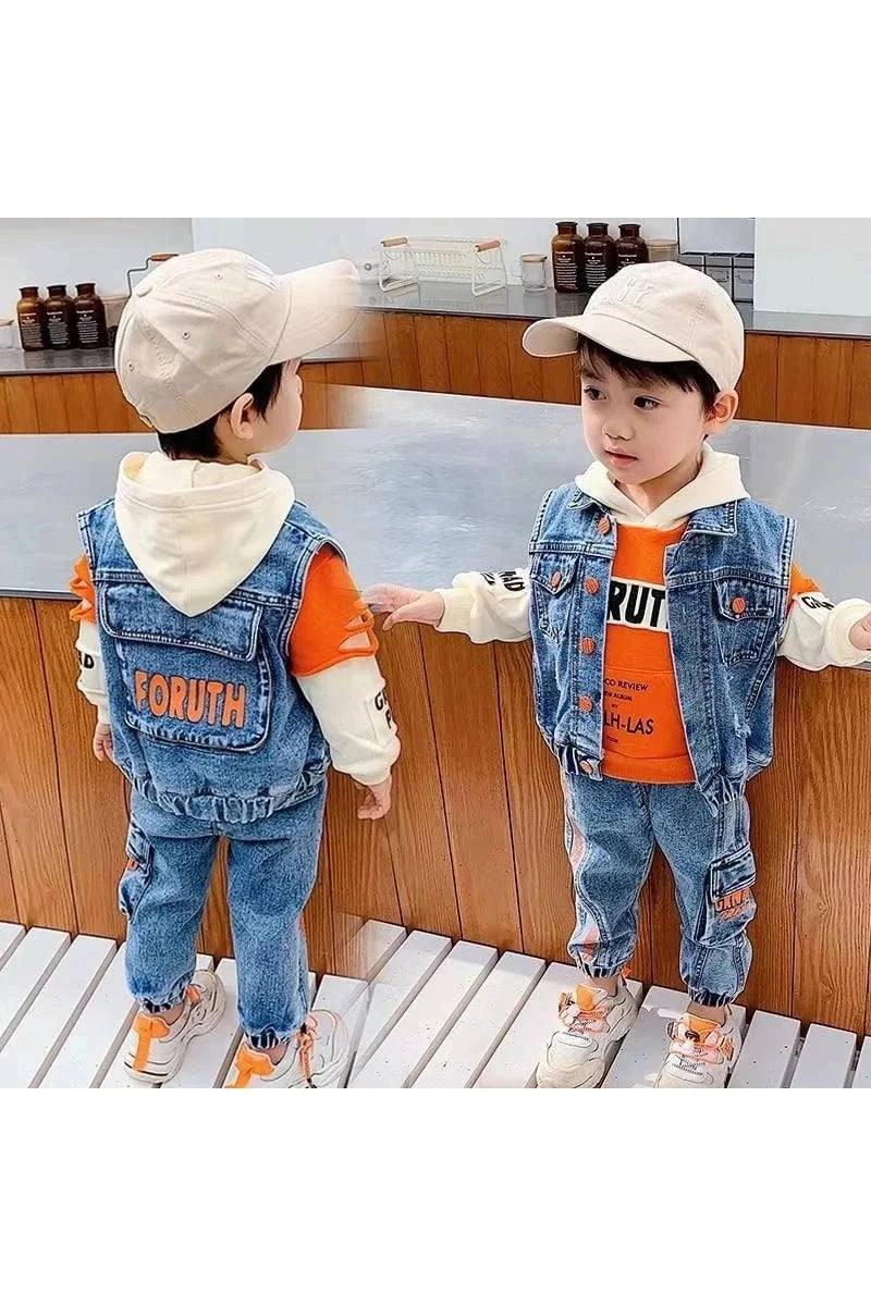 Giggles And Grab Casual Spring Baby Outfits Casual Spring/Autumn Baby Boys' Outfit - Denim Vest & Hoodie Suit"