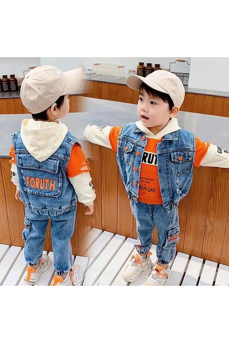 Giggles And Grab Casual Spring Baby Outfits Casual Spring/Autumn Baby Boys' Outfit - Denim Vest & Hoodie Suit"