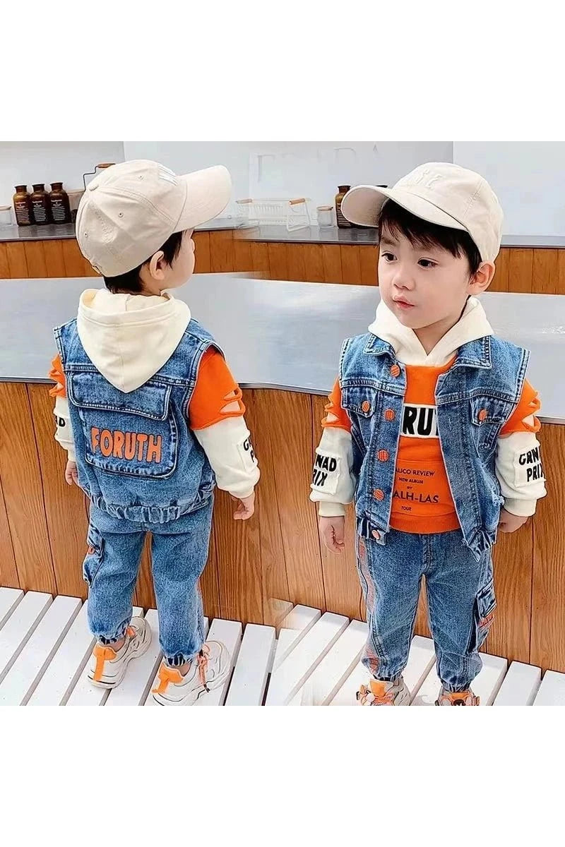 Giggles And Grab Casual Spring Baby Outfits Casual Spring/Autumn Baby Boys' Outfit - Denim Vest & Hoodie Suit"