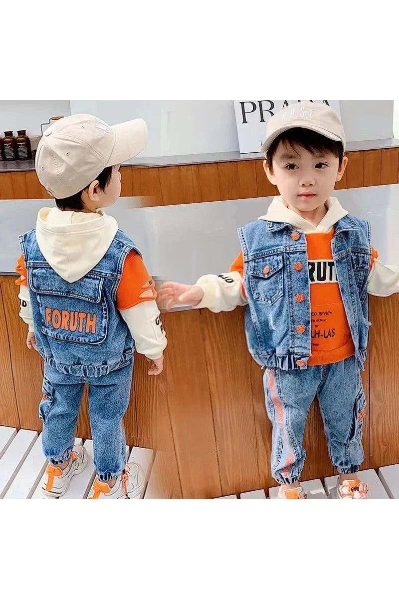 Giggles And Grab Casual Spring Baby Outfits Casual Spring/Autumn Baby Boys' Outfit - Denim Vest & Hoodie Suit"