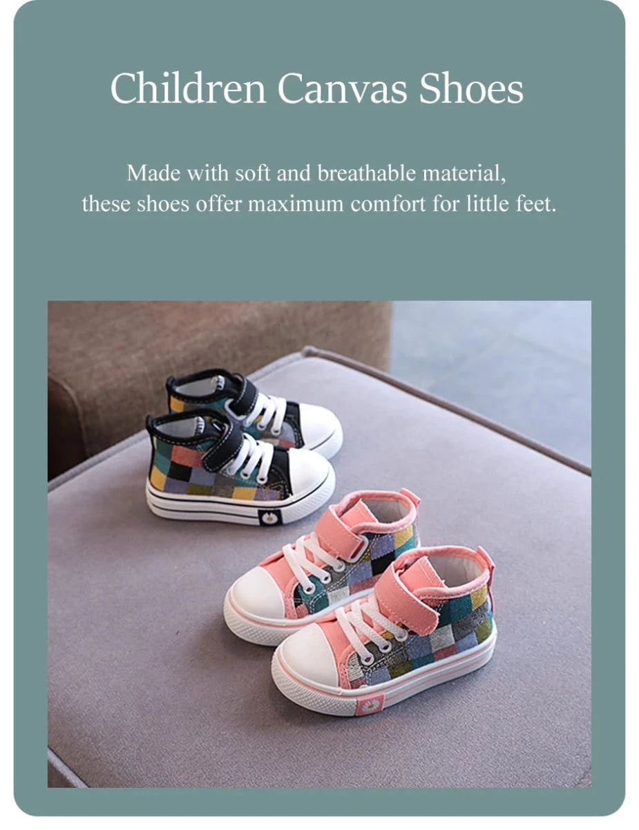 Giggles And Grab Children sneakers kids high top canvas shoes "Children's Sneakers – Kids High Top Canvas Shoes with Checkered Lattice, Breathable & Soft for Boys & Girls"