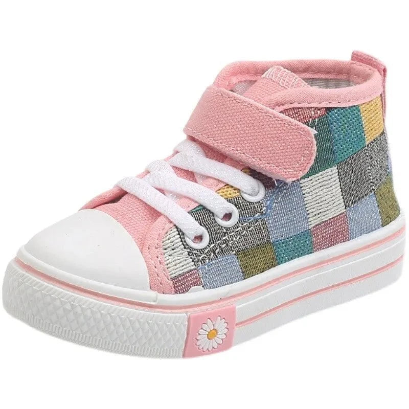 Giggles And Grab Children sneakers kids high top canvas shoes "Children's Sneakers – Kids High Top Canvas Shoes with Checkered Lattice, Breathable & Soft for Boys & Girls"