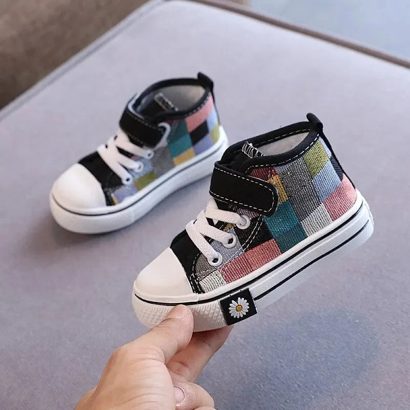 Giggles And Grab Children sneakers kids high top canvas shoes "Children's Sneakers – Kids High Top Canvas Shoes with Checkered Lattice, Breathable & Soft for Boys & Girls"