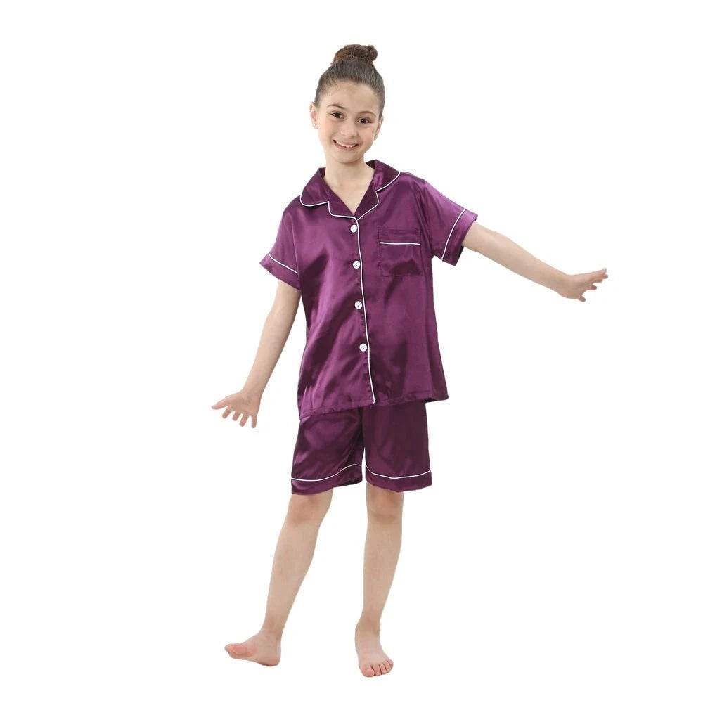 2024 New Summer Children Clothes Pajama Set Stain Silk Soft Solid Color Comfortable Clothing Kids Girls Boys Pajamas Sleepwear - Giggles And Grab