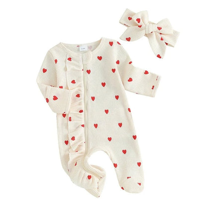 Giggles And Grab lioraitiin baby girl valentines day ruffle Beige / 3-6 Months / United States Lioraitiin 0-6M Baby Girl Valentine's Day Ruffle Heart Romper & Headband Set"