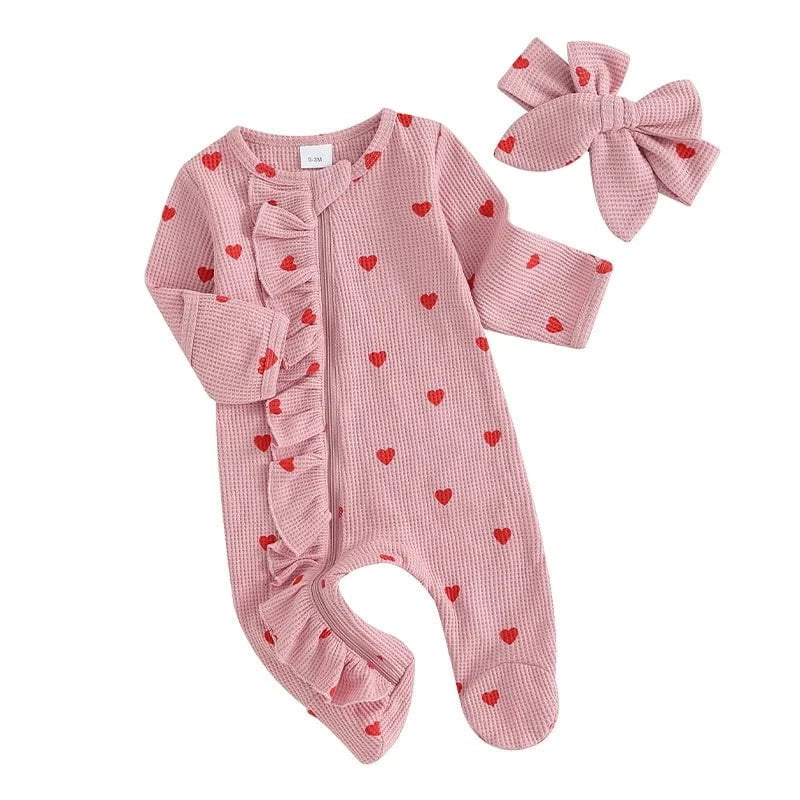 Giggles And Grab lioraitiin baby girl valentines day ruffle Pink / 0-3 Months / United States Lioraitiin 0-6M Baby Girl Valentine's Day Ruffle Heart Romper & Headband Set"