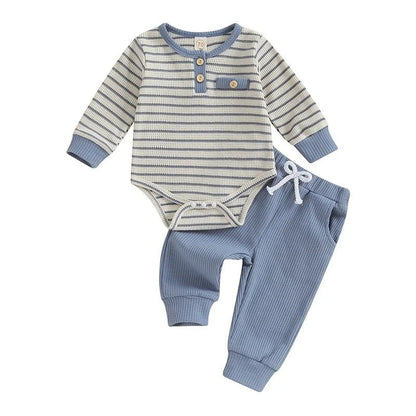 Giggles And Grab Lioraitiin Newborn baby boy & girl fall winter clothes Blue / 18M / United States Lioraitiin 0-18M Newborn Baby Boy Girl Fall Winter Clothes – Waffle Knit Striped Romper & Long Pants Set, Home Outfit"