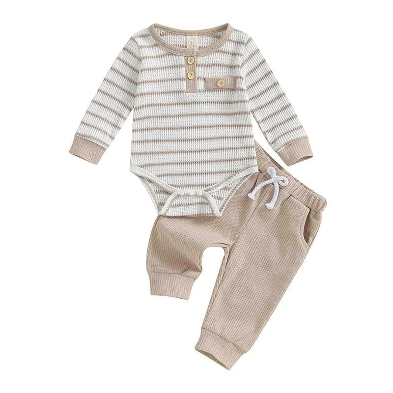 Giggles And Grab Lioraitiin Newborn baby boy & girl fall winter clothes Khaki / 6M / CHINA Lioraitiin 0-18M Newborn Baby Boy Girl Fall Winter Clothes – Waffle Knit Striped Romper & Long Pants Set, Home Outfit"