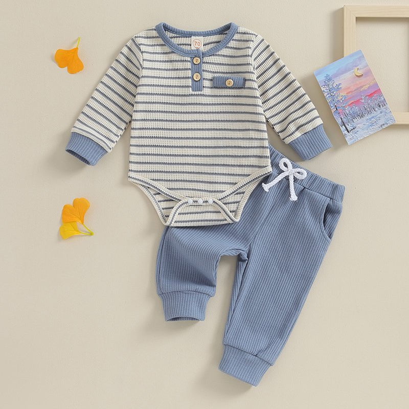 Giggles And Grab Lioraitiin Newborn baby boy & girl fall winter clothes Lioraitiin 0-18M Newborn Baby Boy Girl Fall Winter Clothes – Waffle Knit Striped Romper & Long Pants Set, Home Outfit"