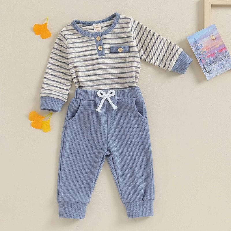Giggles And Grab Lioraitiin Newborn baby boy & girl fall winter clothes Lioraitiin 0-18M Newborn Baby Boy Girl Fall Winter Clothes – Waffle Knit Striped Romper & Long Pants Set, Home Outfit"