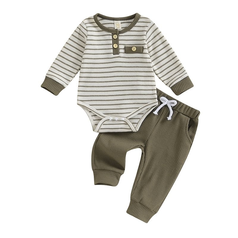 Giggles And Grab Lioraitiin Newborn baby boy & girl fall winter clothes Lioraitiin 0-18M Newborn Baby Boy Girl Fall Winter Clothes – Waffle Knit Striped Romper & Long Pants Set, Home Outfit"