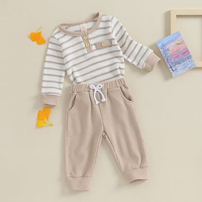 Giggles And Grab Lioraitiin Newborn baby boy & girl fall winter clothes Lioraitiin 0-18M Newborn Baby Boy Girl Fall Winter Clothes – Waffle Knit Striped Romper & Long Pants Set, Home Outfit"
