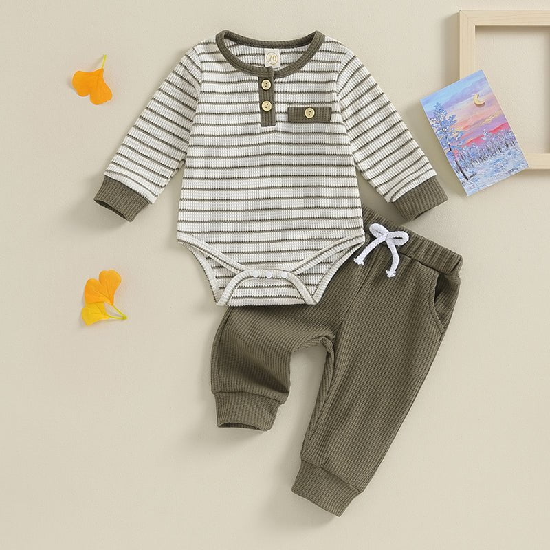 Giggles And Grab Lioraitiin Newborn baby boy & girl fall winter clothes Lioraitiin 0-18M Newborn Baby Boy Girl Fall Winter Clothes – Waffle Knit Striped Romper & Long Pants Set, Home Outfit"