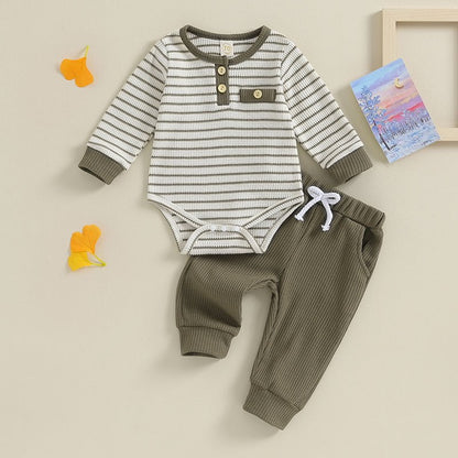 Giggles And Grab Lioraitiin Newborn baby boy & girl fall winter clothes Lioraitiin 0-18M Newborn Baby Boy Girl Fall Winter Clothes – Waffle Knit Striped Romper & Long Pants Set, Home Outfit"