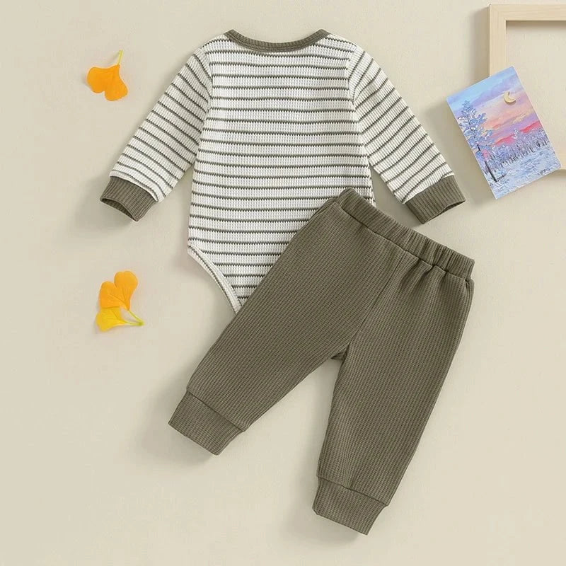 Giggles And Grab Lioraitiin Newborn baby boy & girl fall winter clothes Lioraitiin 0-18M Newborn Baby Boy Girl Fall Winter Clothes – Waffle Knit Striped Romper & Long Pants Set, Home Outfit"