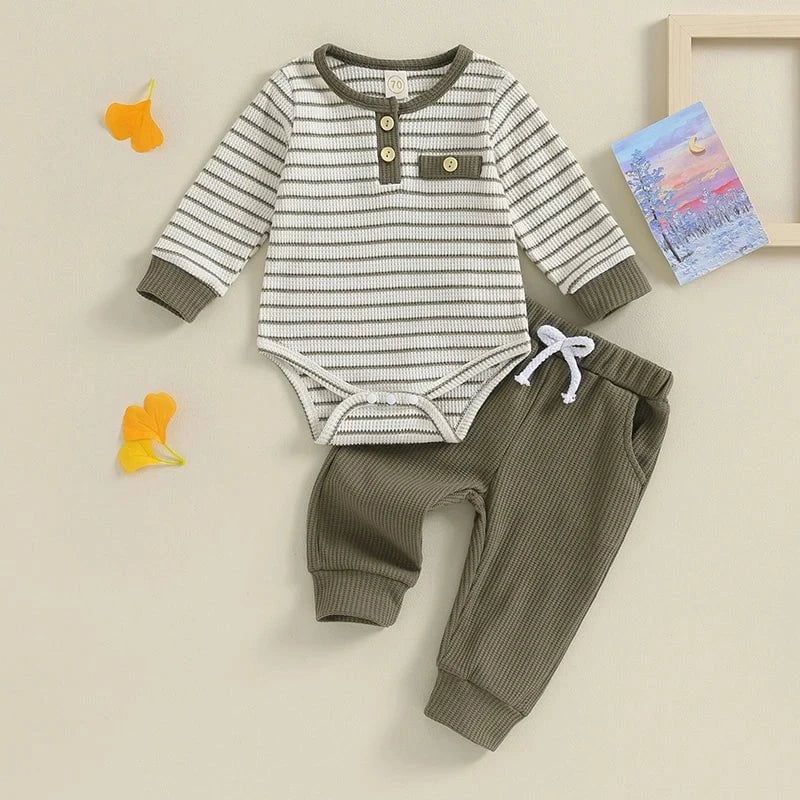 Giggles And Grab Lioraitiin Newborn baby boy & girl fall winter clothes Lioraitiin 0-18M Newborn Baby Boy Girl Fall Winter Clothes – Waffle Knit Striped Romper & Long Pants Set, Home Outfit"